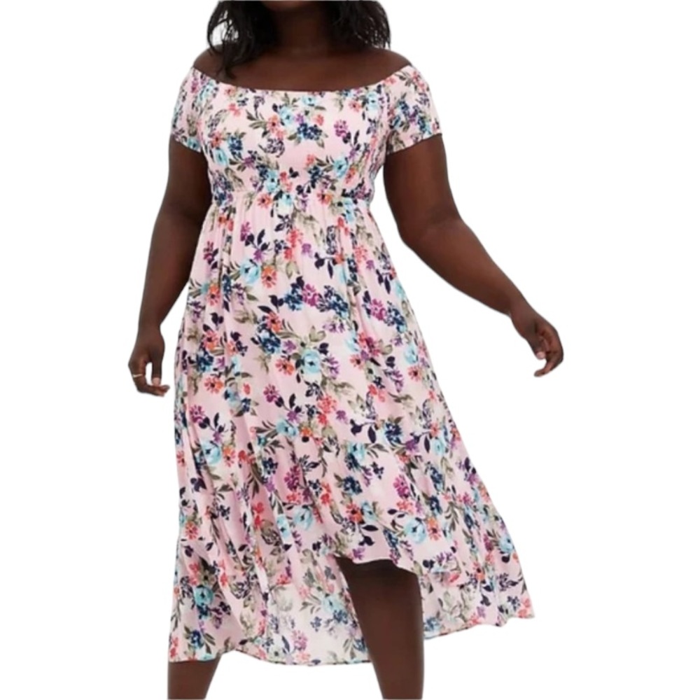 Torrid Pink Floral Off Shoulder Gauze Hi-Lo Maxi Dress Womans Plus Size 3